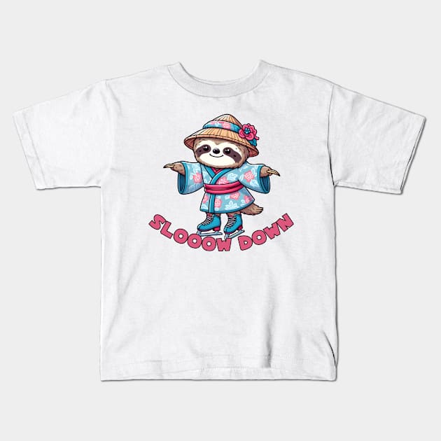 Ice skating sloth Kids T-Shirt by Japanese Fever